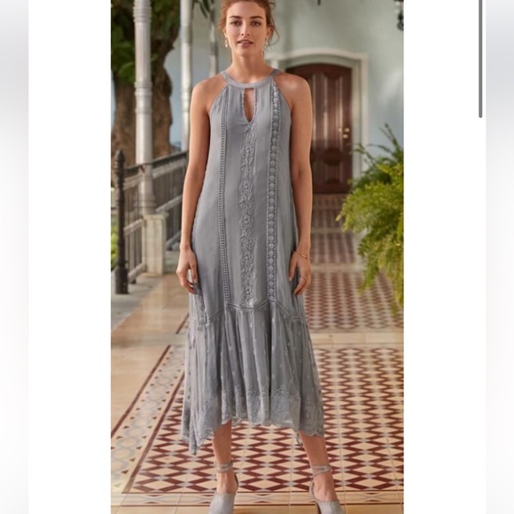 Sundance Adara Silver Gray Halter Midi Dress Lace Embroidered Floral Slip Sz 10 - Picture 1 of 9